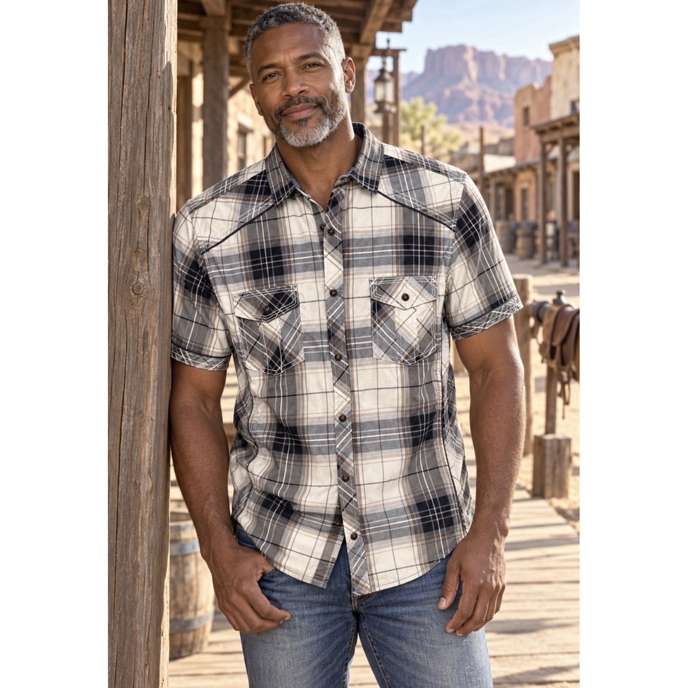 7 Diamonds Pearl Snap Shirt Mens M Black Plaid Short Sleeve Western